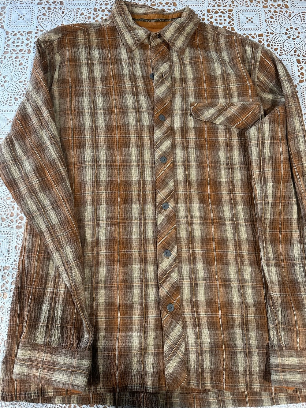 Ascend Textured Plaid Shirt Brown Long Sleeve Outdoor Campcore Mens M